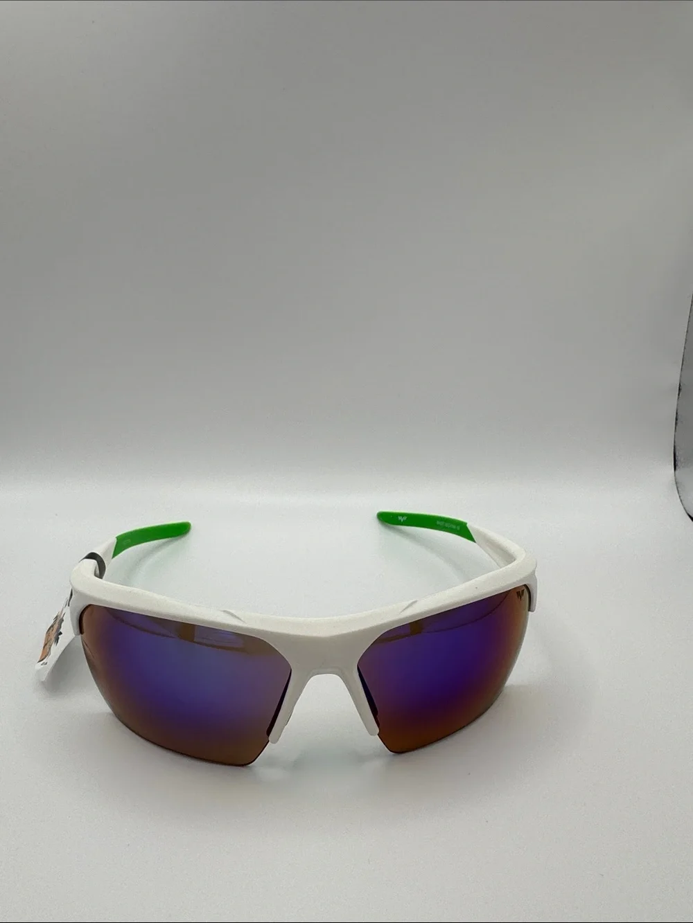 White and Green Men's Sport Sunglasses with Purple Mirrored Lenses